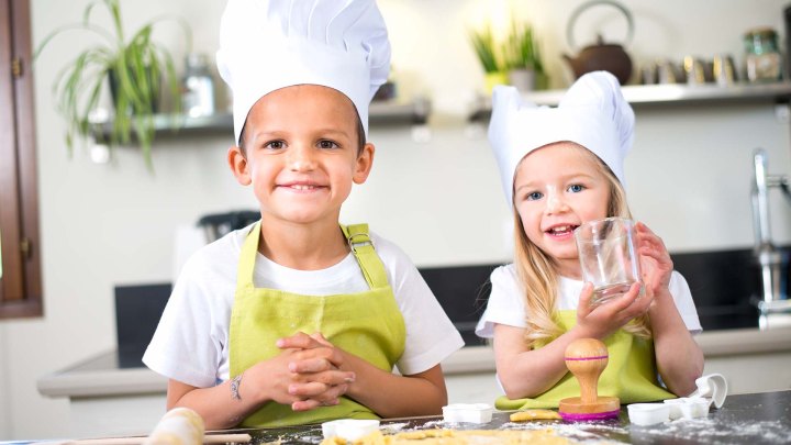 young kids happy childrens family preparing funny cake kitchen home
