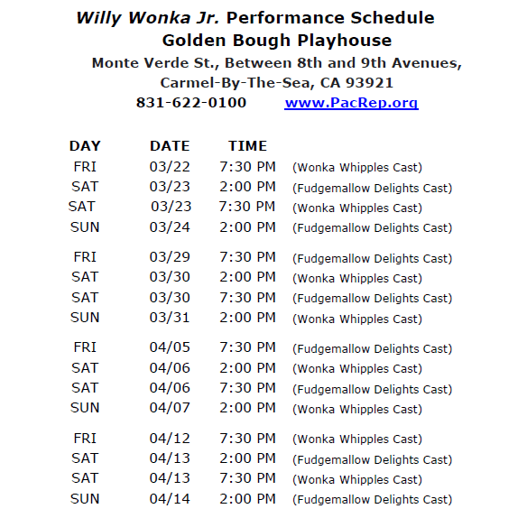 Willy Wonka Schedule